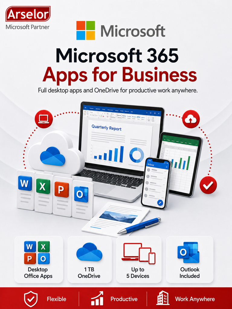 [CFQ7TTC0LH1G:0001] برمجيات مايكروسوفت 365  للأعمال، تطبيقات Microsoft 365  المكتبية الكاملة (Word وExcel وPowerPoint وOutlook) مع 1  تيرابايت تخزين سحابي لكل مستخدم، وإمكانية التثبيت على حتى 5  أجهزة لكل ترخيص